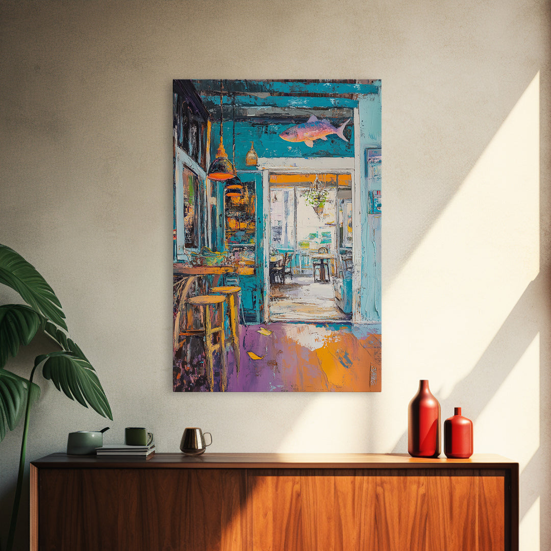 Rustic Bar Painting, Food Review Kitchen Art, Coastal Landscape Art, Canvas Print, Whimsical Art, Nautical Decor, Living Room Art