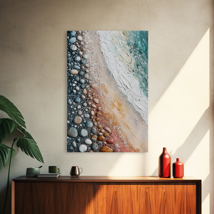 Pebble Beach, coastal painting, nautical decor, wabi sabi art, abstract seascape, textured wall art, ocean print, canvas print