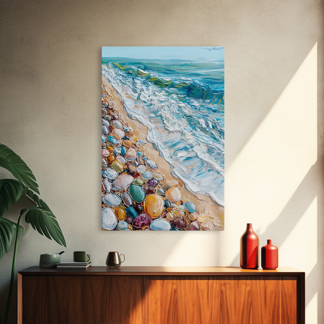 Ocean Shore, beach painting, coastal landscape art, nautical wall art, living room art, abstract seascape, framed canvas print