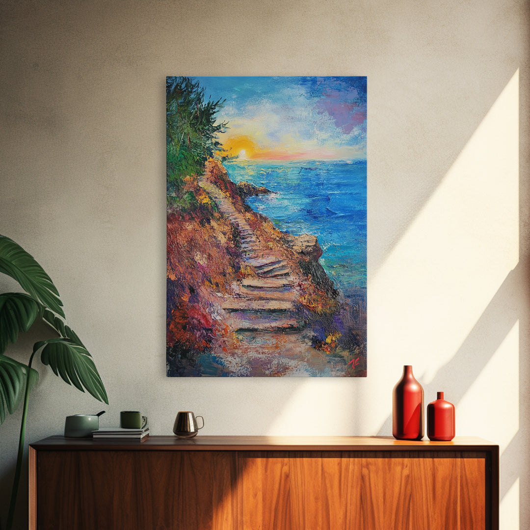 Coastal Path, landscape painting, nautical wall art, above sofa art, rustic decor, ocean view art, textured painting, canvas print