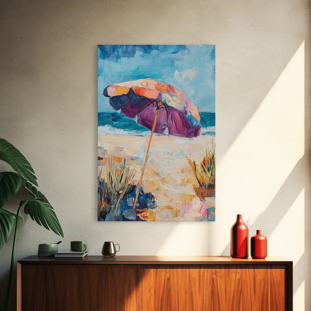Beach Umbrella, Coastal Wall Art, Seascape Painting, Nautical Decor, Ocean Painting, Coastal Landscape Art, Framed Canvas Print