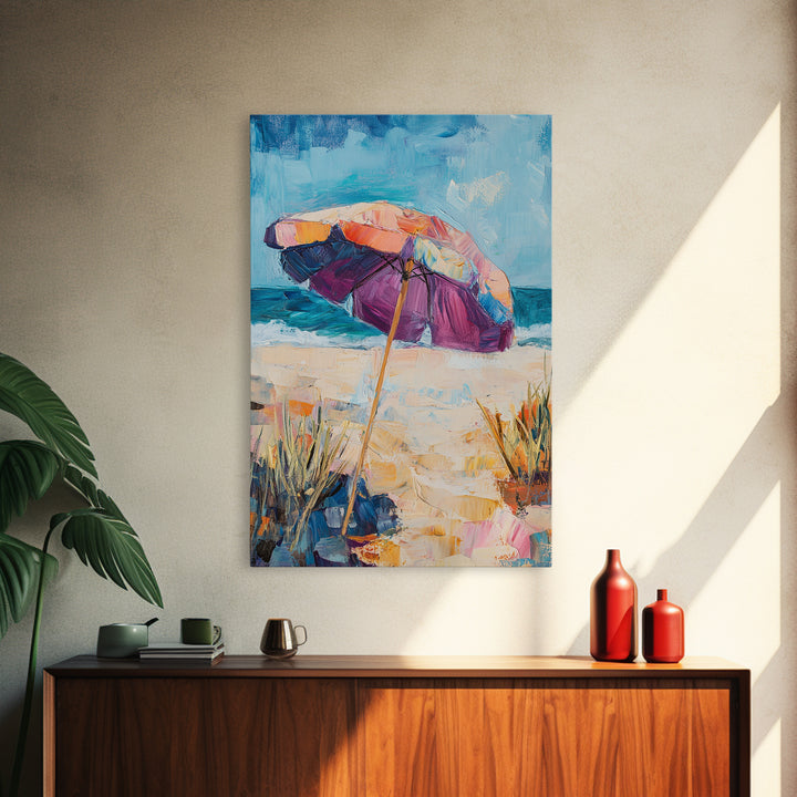 Beach Umbrella, Coastal Wall Art, Seascape Painting, Nautical Decor, Ocean Painting, Coastal Landscape Art, Framed Canvas Print