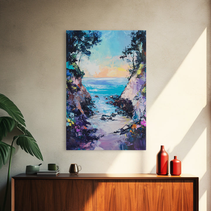 Coastal Cove, seascape painting, coastal decor, nautical wall art, blue and green wall art, framed canvas print, guest room art