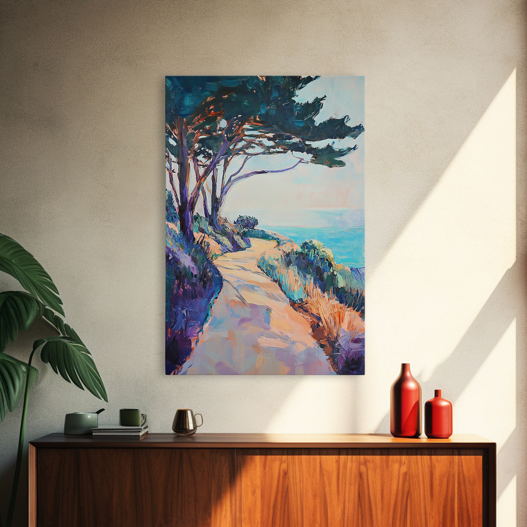 Ocean Cliff Path, coastal landscape art, pine tree art, rustic wall art, blue and green wall art, framed canvas, above bed wall art