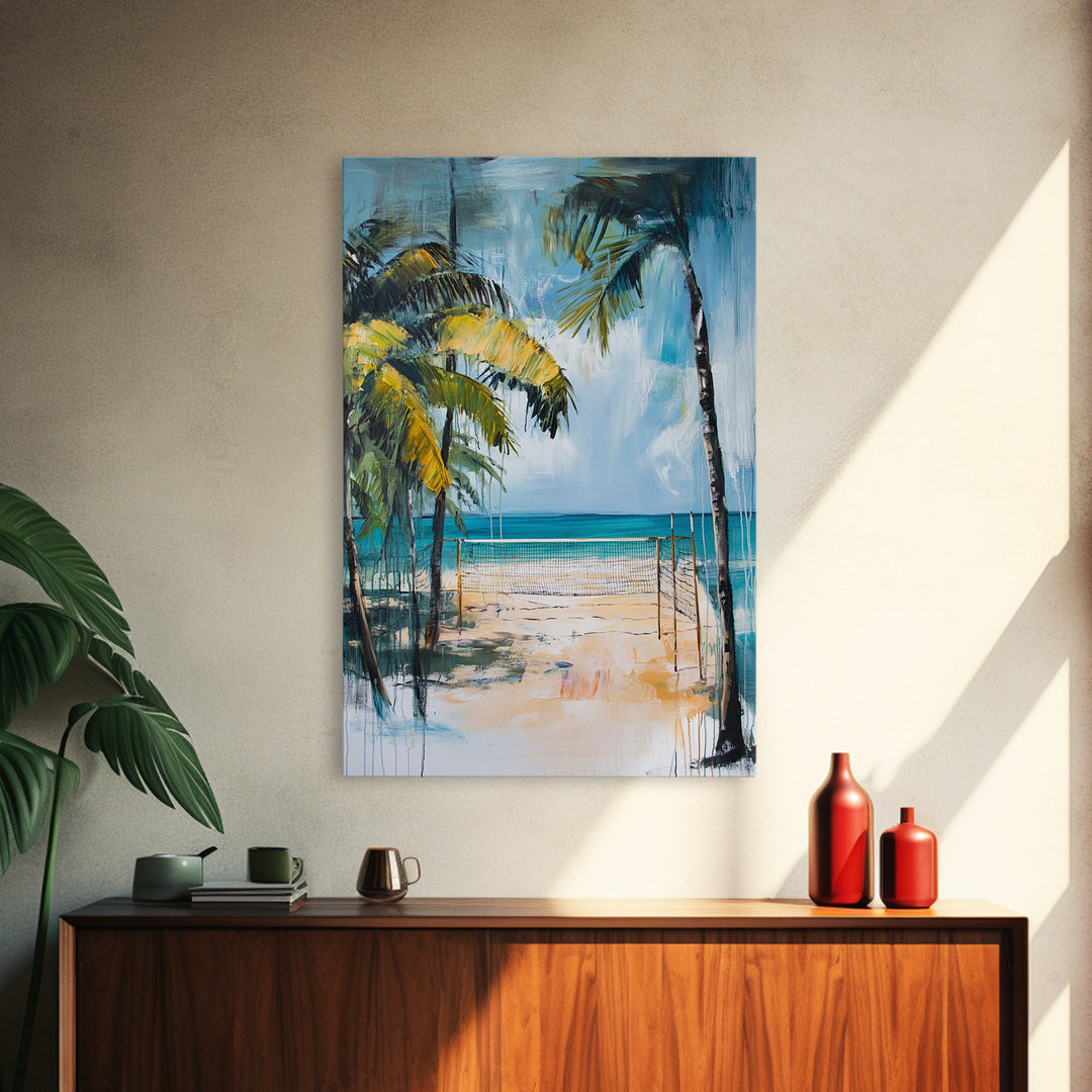 Beach Volleyball, Palm Tree Art, Nautical Painting, Coastal Wall Art, Ocean Art, Seascape Art, Canvas Print, Guest Room Art