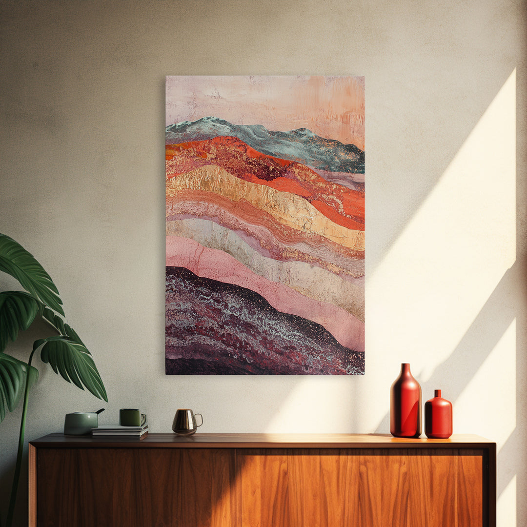 Abstract Landscape, mountain painting, geometric wall art, southwest wall art, moody art, gold abstract art, canvas print, wall art