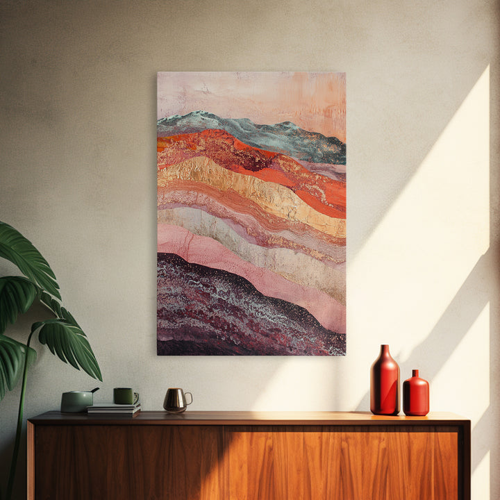 Abstract Landscape, mountain painting, geometric wall art, southwest wall art, moody art, gold abstract art, canvas print, wall art