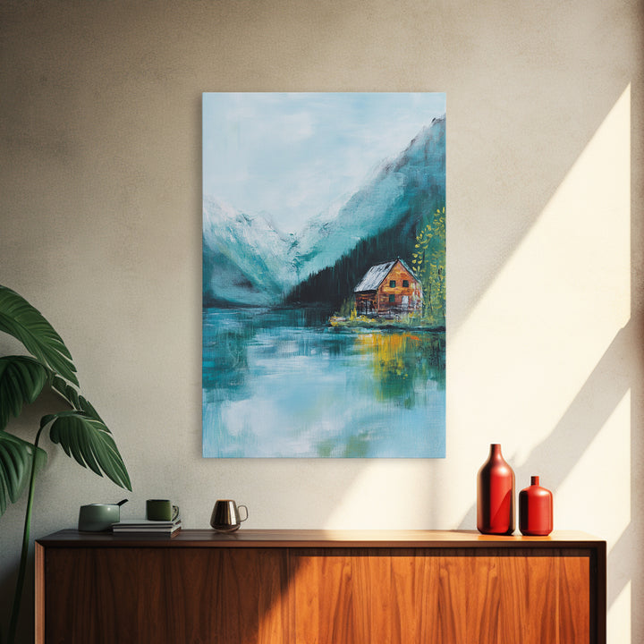 Cabin by Lake, lake Tahoe art, mountain painting, rustic wall art, bedroom art, nature wall art, framed canvas print, home decor