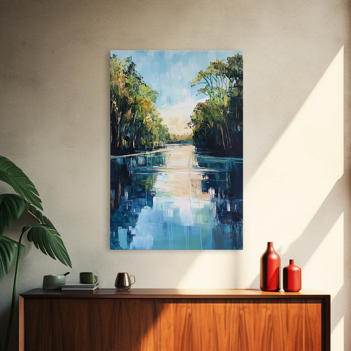 Tranquil River, Forest Reflection, Canvas Print, Landscape Painting, Rustic Art, Above Bed Wall Art, Nature Art, Gift Idea