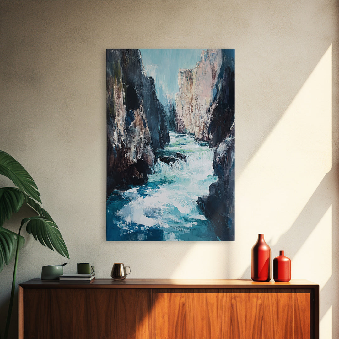 Rocky Waterfall, Moody Landscape, Canvas Print, Nature Painting, Rustic Decor, Adventure Art, Southwest Wall Art, Tall Narrow Art