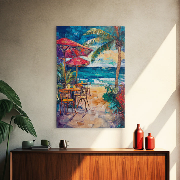 Beach Café, Coastal Landscape Art, Nautical Wall Art, Ocean Art, Seascape Painting, Coastal Decor, Canvas Print, Above Sofa Art