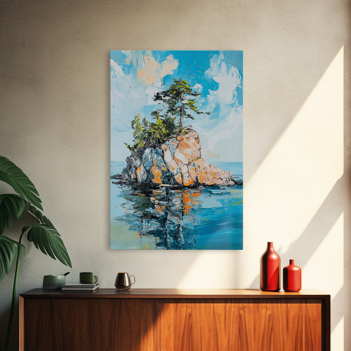 Rocky Island, Nature Painting, Canvas Print, Coastal Landscape Art, Ocean Wall Art, Nautical Decor, Living Room Art, Gift Idea