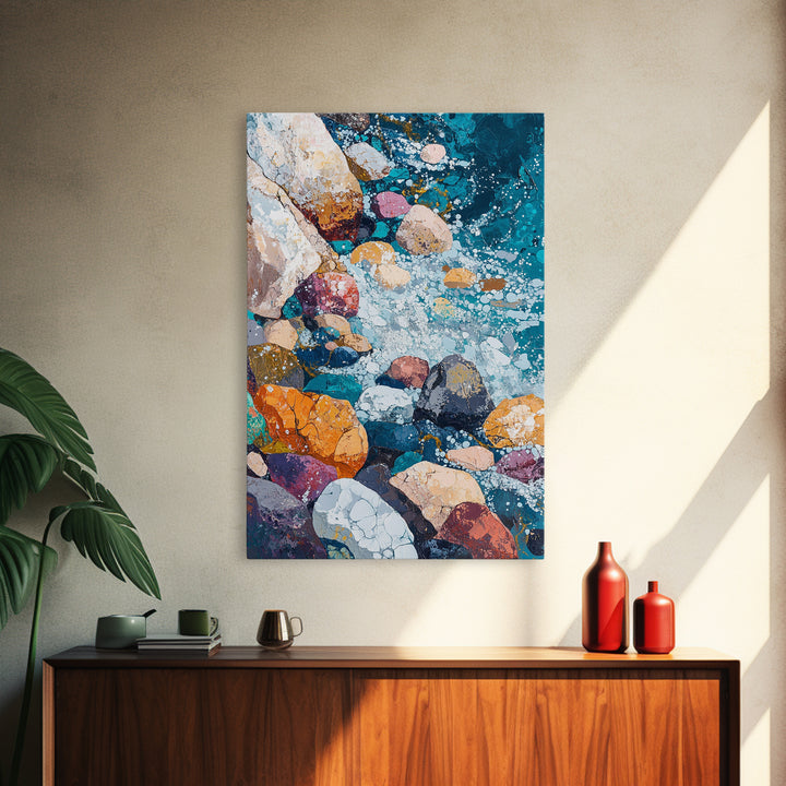 Pebble Beach, Ocean Painting, Canvas Print, Coastal Wall Art, Nautical Decor, Whimsical Art, Abstract Nature Art, Gift Idea