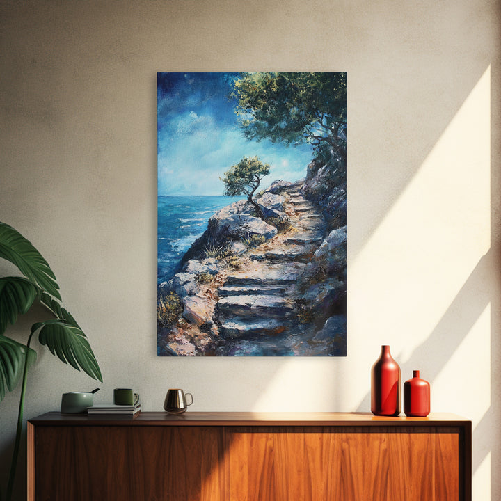 Rocky Path, Seaside Painting, Canvas Print, Coastal Landscape Art, Nautical Wall Art, Rustic Art, Above Bed Wall Art, Gift Idea