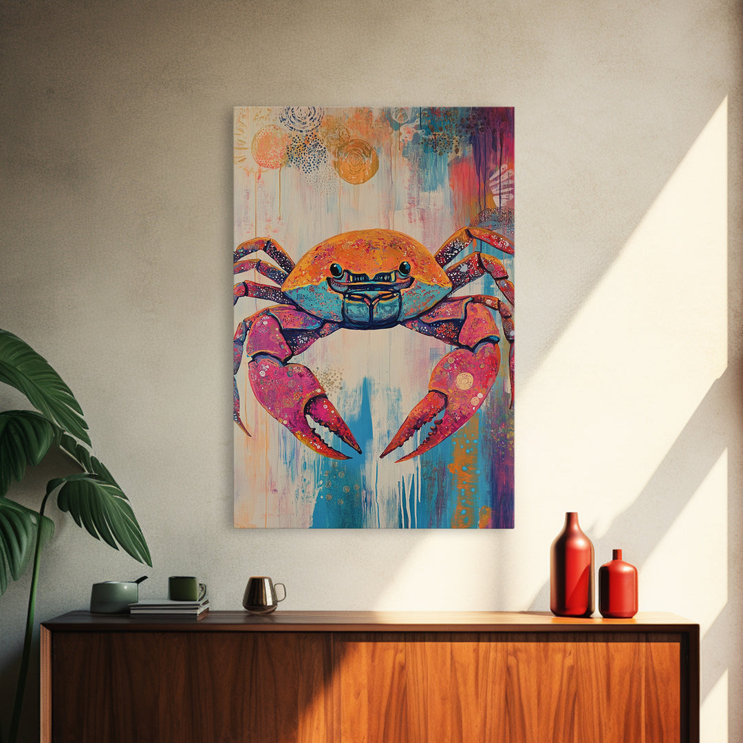 Vibrant Crab Art, Coastal Cowgirl Wall Decor, Nautical Painting, Ocean Wall Art, Beach House Decor, Canvas Print, Kitchen Wall Art