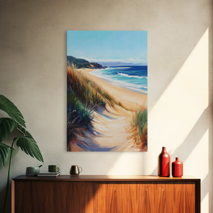 Coastal Sand Dunes Framed Canvas Print Serene Beach Painting, Ocean Landscape Wall Art, Relaxing Bedroom Decor, Nautical Home Style