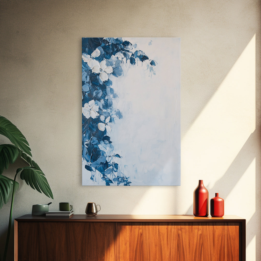 Blue Floral Framed Canvas Print Modern Botanical Wall Art, Minimalist Flower Painting, Elegant Bedroom Decor, Contemporary Art Gift
