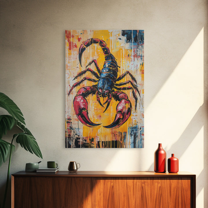 Bold Scorpion Framed Canvas Print Fierce Animal Wall Art, Yellow and Red Painting, Statement Office Decor, Wildlife Art Lovers Gift
