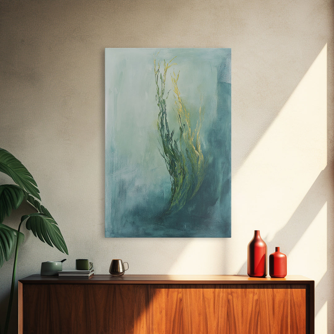 Abstract Seaweed Framed Canvas Print Minimalist Ocean Art, Coastal Botanical Wall Decor, Blue Green Seaside Painting, Serene Home Style