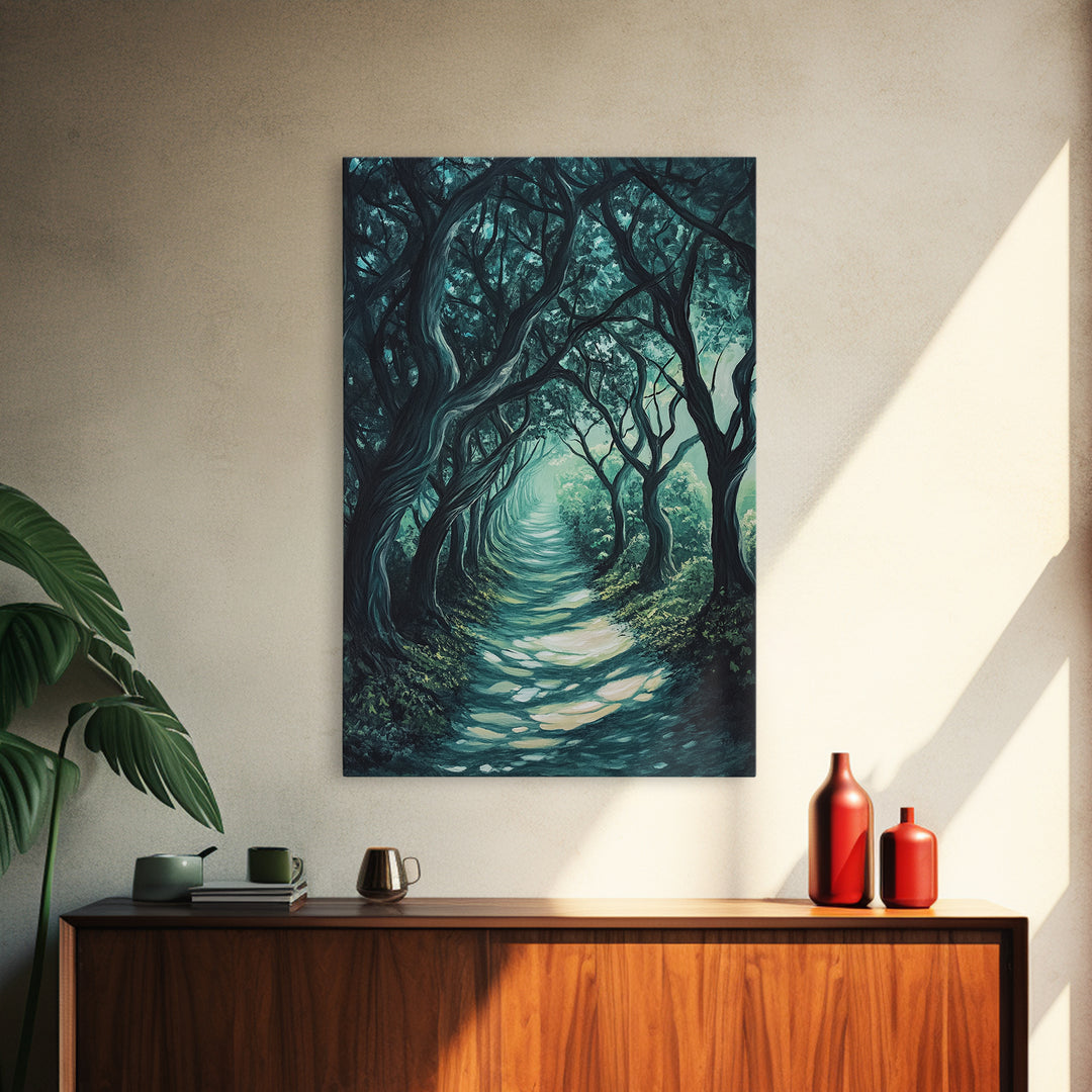 Mystical Tree Tunnel Framed Canvas Print Enchanted Forest Art, Fantasy Landscape, Dark Green Nature Decor, Living Room Wall Art