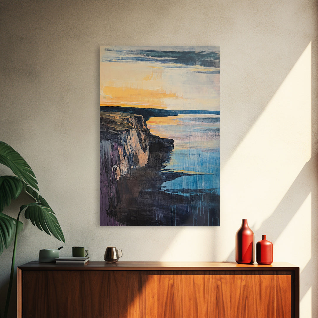 Dramatic Cliff Sunset Canvas Print Coastal Landscape Wall Art, Ocean Sunset Painting, Modern Beach Decor, Bedroom Aesthetic