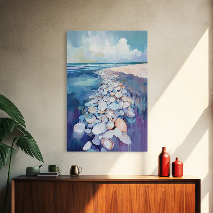 Coastal Shell Path Framed Canvas Print Beach House Decor, Nautical Ocean Art, Seaside Aesthetic, Living Room Coastal Wall Art