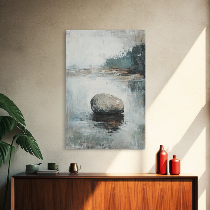 Serene River Rock Canvas Print Nature Inspired Wall Art, Minimalist Landscape Painting, Zen Decor, Neutral Tones, Living Room Artwork