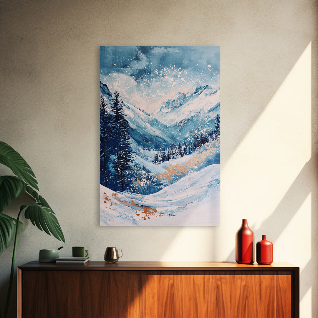 Blue Winter Wonderland Canvas Print Snowy Mountain Art, Nordic Landscape Painting, Ski Lodge Wall Decor, Christmas Holiday Artwork