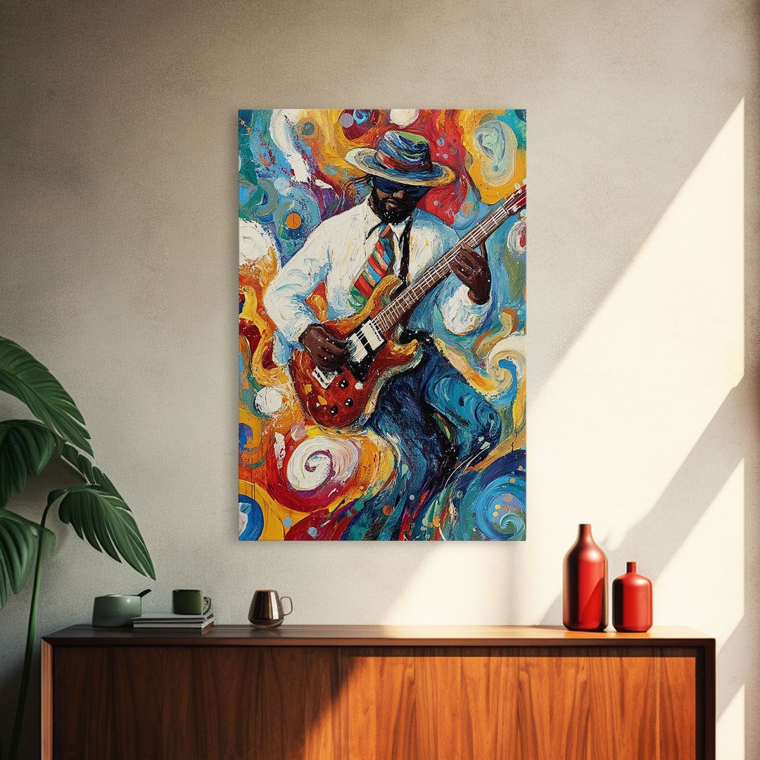 Abstract Jazz Musician Framed Canvas Print, Colorful Jazz Art, Music Wall Art, Living Room Art, Vibrant Musician Painting, Eclectic Art