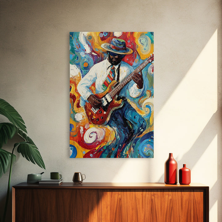 Abstract Jazz Musician Framed Canvas Print, Colorful Jazz Art, Music Wall Art, Living Room Art, Vibrant Musician Painting, Eclectic Art