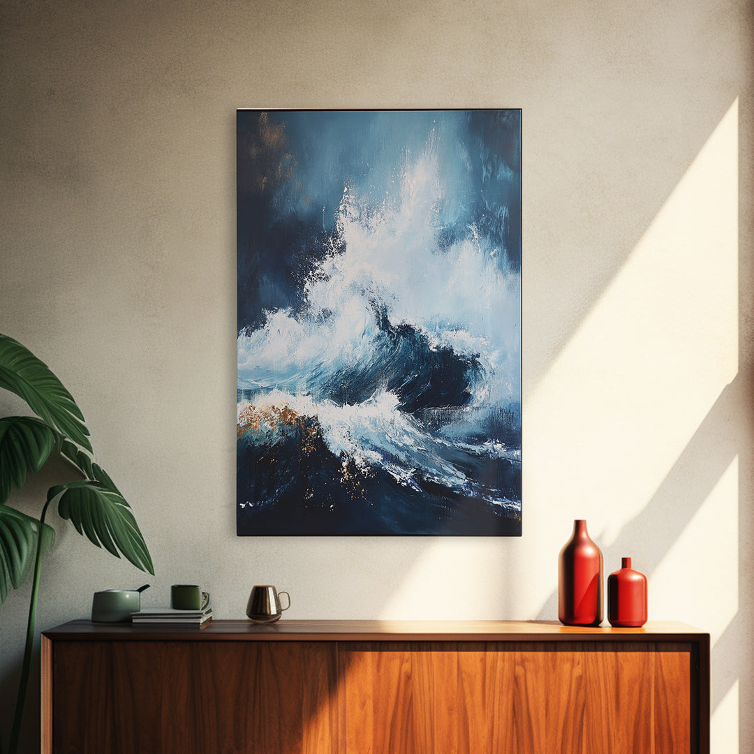 Ocean Wave Power Framed Canvas Print, Coastal Wall Art, Abstract Seascape Painting, Nautical Decor, Beach House Art, Modern Ocean Art
