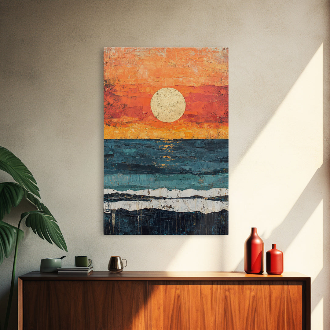 Vibrant Sunset Seascape Canvas Print, Beach House Art, Coastal Sunset Painting, Ocean View Wall Art, Nautical Home Decor, Serene Landscape