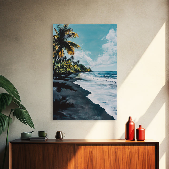 Black Sand Beach, Hawaii Art, Palm Tree Painting, Coastal Wall Art, Nautical Decor, Living Room Art, Canvas Print, Gift Idea