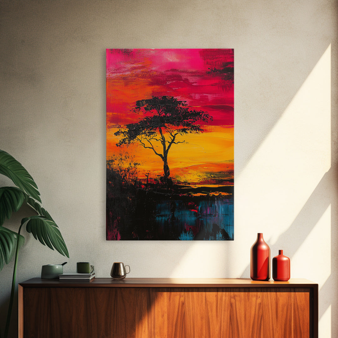 African Sunset Framed Canvas Print | Savanna Landscape Painting | Tree Silhouette Wall Art | Warm Sunset Decor | Rustic Home Art