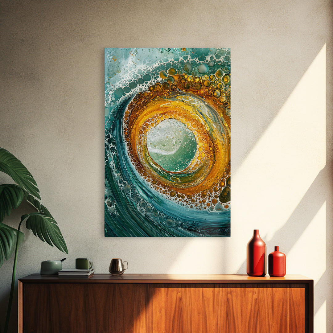 Ocean Wave Swirl Canvas Print | Abstract Beach Wall Art | Turquoise Gold Painting | Coastal Home Decor | Surfer Wall Art