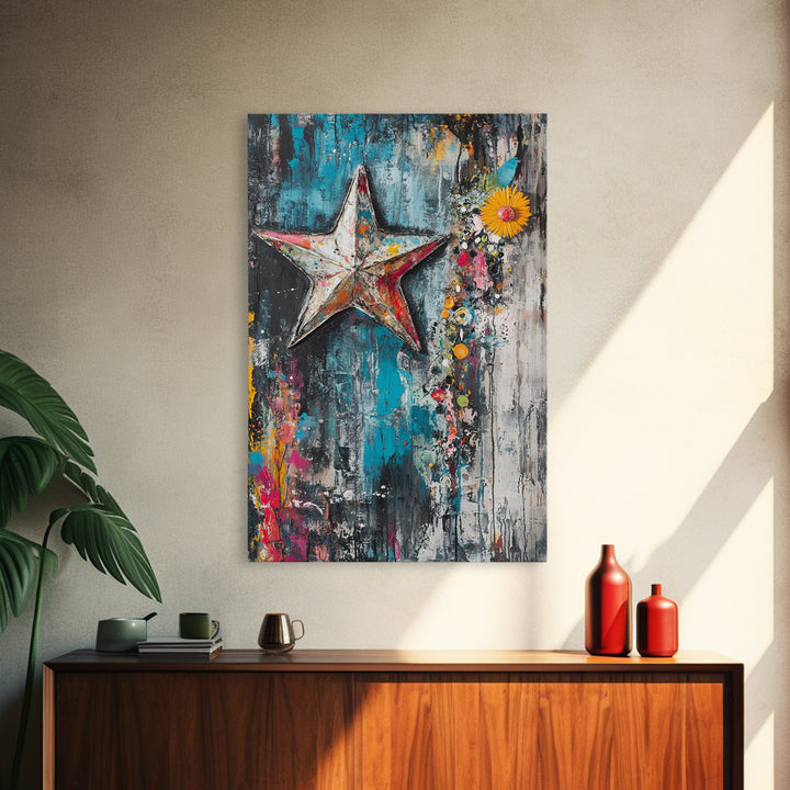 Metal Star Rustic Framed Canvas Print Patriotic Wall Art, Western Home Decor, Distressed Americana Artwork, Country Farmhouse Style