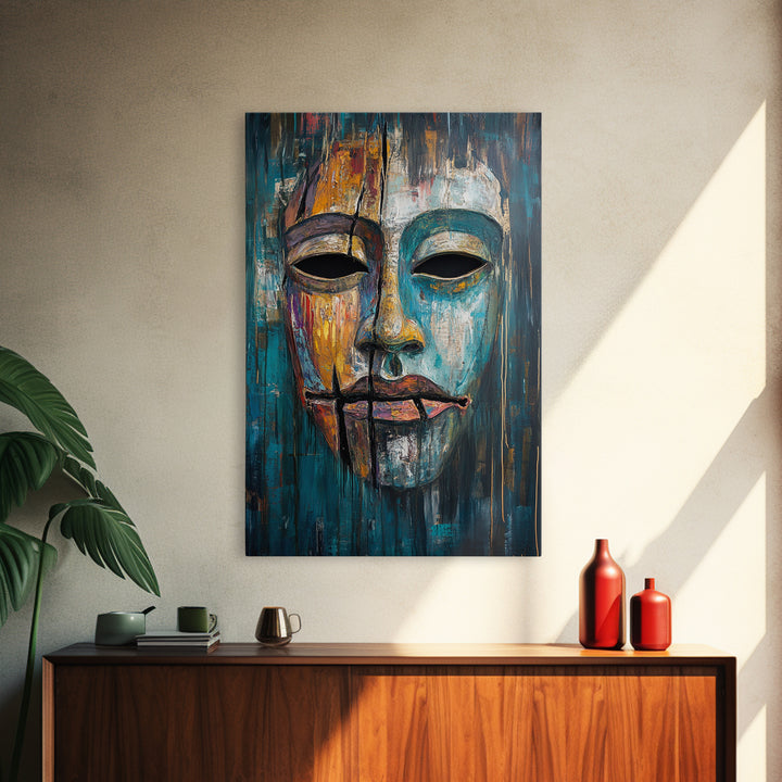 Abstract Mask Art Framed Canvas Print Ethnic Wall Decor Tribal Face Artwork Modern Expressionist Painting Boho Home Aesthetic Living Room
