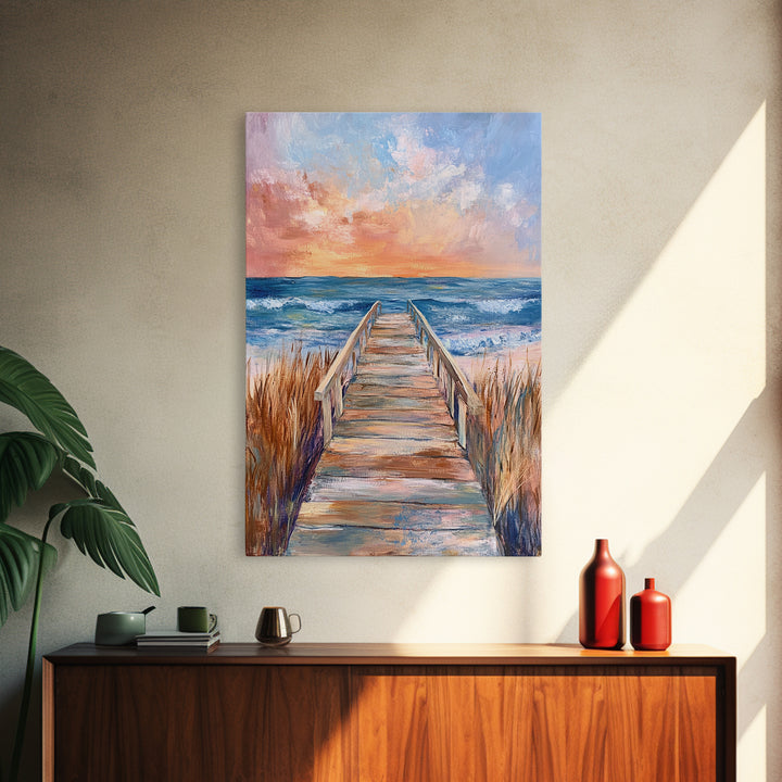 Coastal Sunset, Beach Boardwalk, Seascape Painting, Nautical Wall Art, Coastal Decor, Living Room Art, Canvas Print, Gift Idea