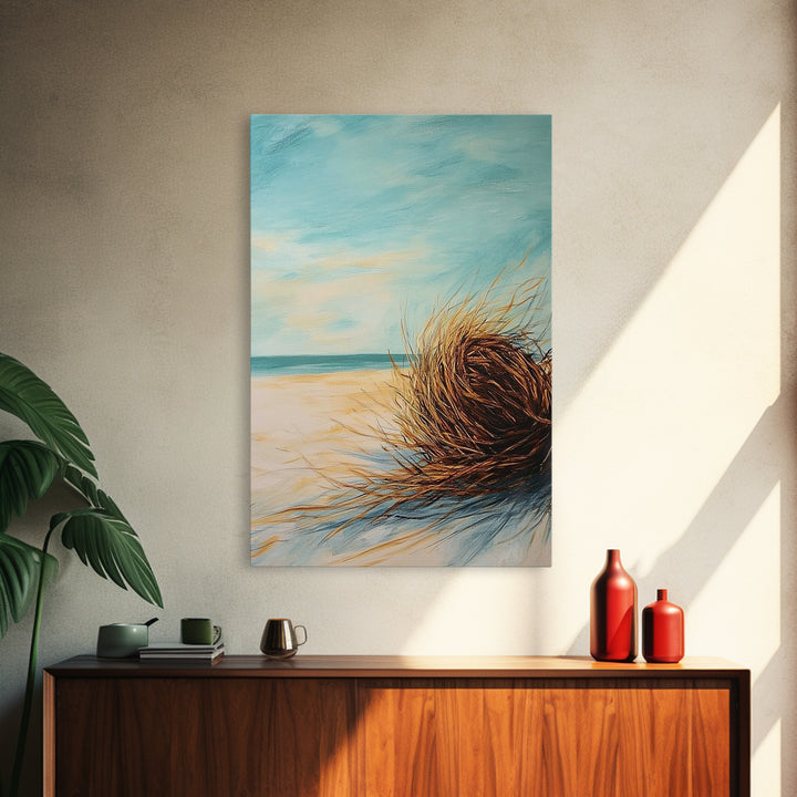 Beach Tumbleweed Painting Framed Canvas Print Coastal Wall Art Ocean Sand Decor Minimalist Art Boho Beach House Wall Accent