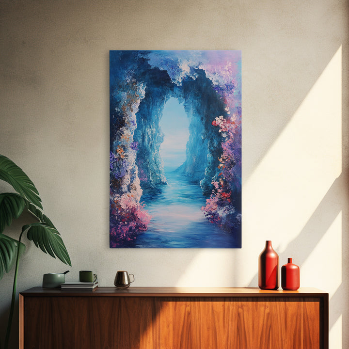 Dreamy Ocean Cave Canvas Print Fantasy Seascape Wall Art Mystical Nature Painting Boho Decor Beach Home Artwork Gift Under 100