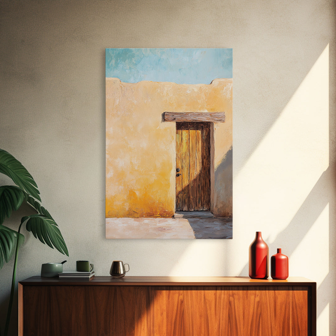 Rustic Adobe Door Framed Canvas Print Southwest Wall Art Desert Home Decor Bohemian Aesthetic Living Room Entryway Accent