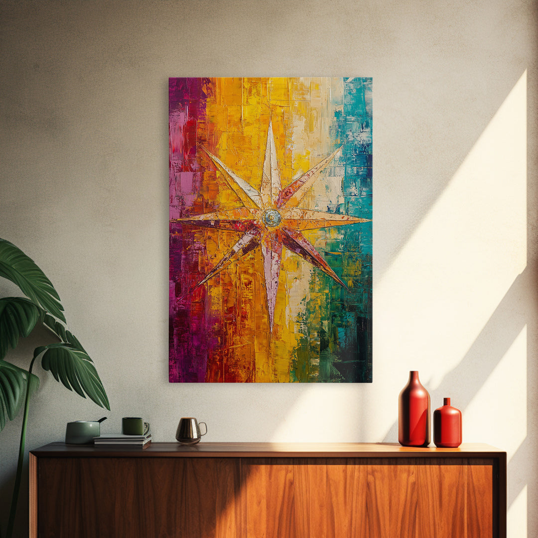 Compass Star Canvas Print Rustic Nautical Wall Art Adventure Decor Travel Lovers Gift Vibrant Abstract Living Room Artwork