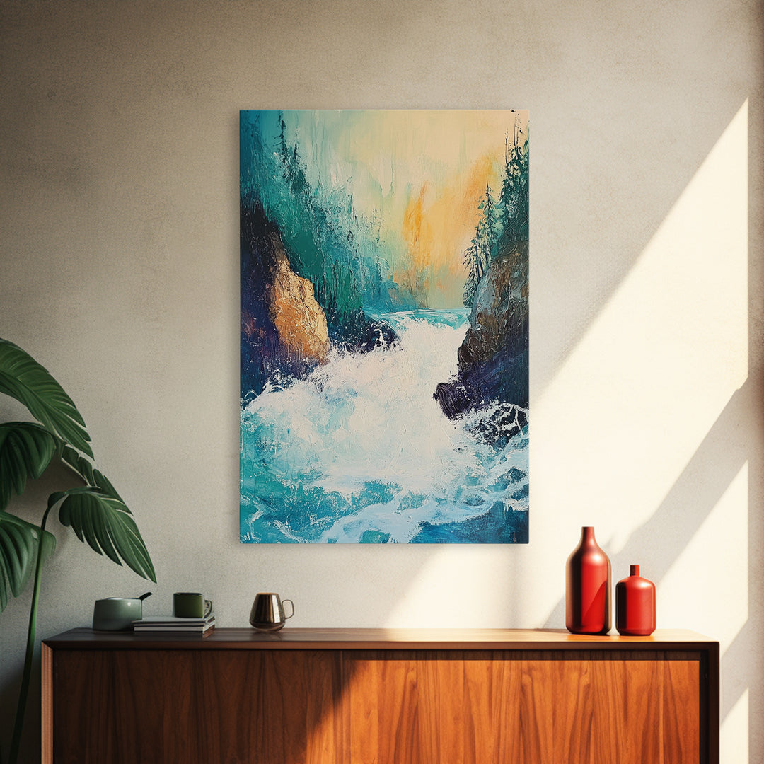 Rushing Waterfall Framed Canvas Print Nature Landscape Wall Art, Wilderness River Painting, Cabin Art, Mountain Stream Artwork