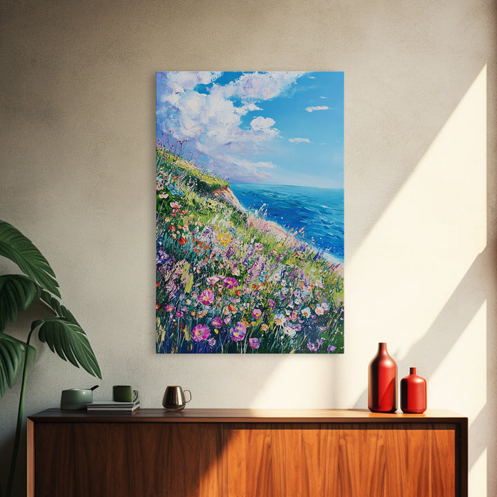 Ocean Cliffside Flowers Framed Canvas Print Coastal Landscape Wall Art, Wildflower Meadow Painting, Beach House Art, Seaside Decor
