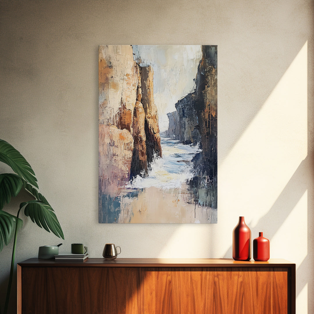 Canyon Coastal Waves Framed Canvas Print Dramatic Landscape Wall Art, Nature Painting, Rustic Western Art, Ocean Cliffs Artwork