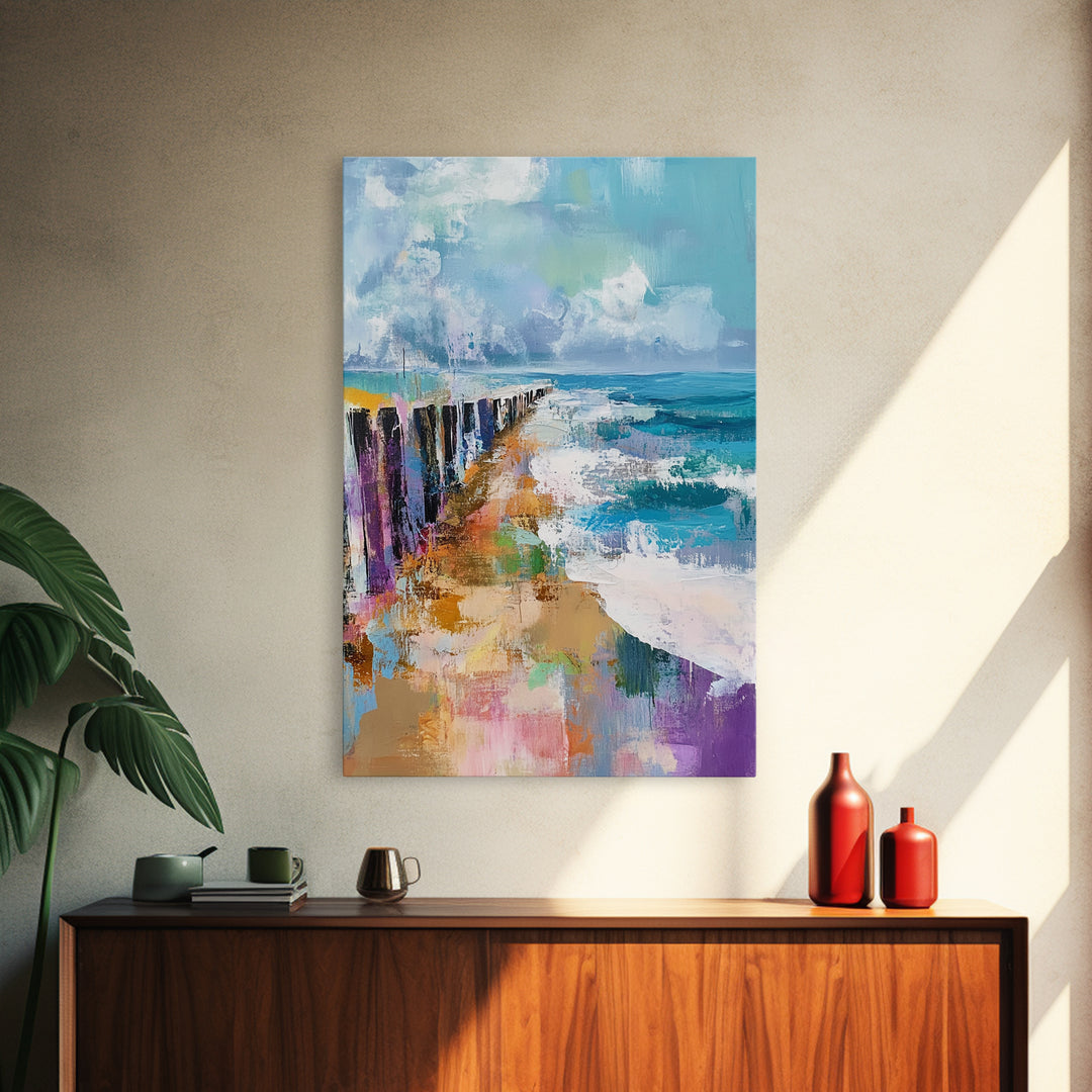 Ocean Pier, Coastal Landscape Art, Seascape Painting, Nautical Decor, Beach Wall Art, Living Room Art, Canvas Print, Gift Idea