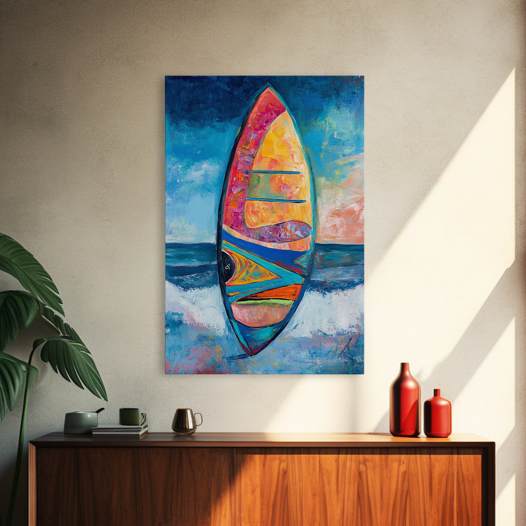 Colorful Surfboard Canvas Print Beach House Wall Art, Ocean Wave Painting, Coastal Decor, Tropical Art, Nautical Living Room Artwork