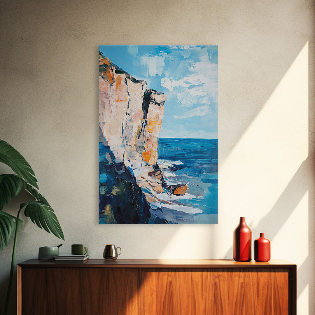 Coastal Cliff Art Framed Canvas Print | Beach Wall Decor | Ocean Landscape Painting | Seaside Home Art | Nautical Wall Art