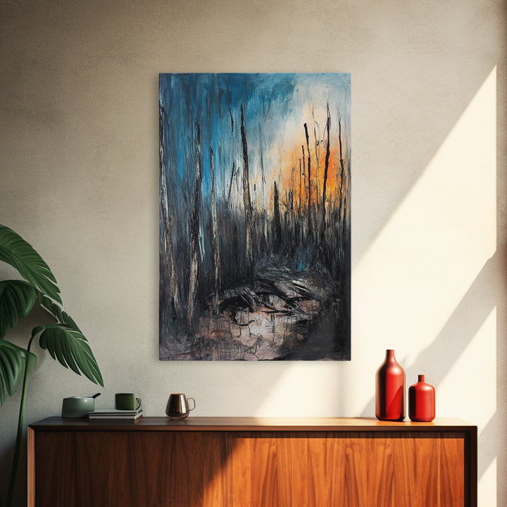 Burnt Forest, Forest At Dusk Painting, Moody Art, Nature Wall Art, Dark Landscape Painting, Abstract Forest Art, Framed Canvas Print