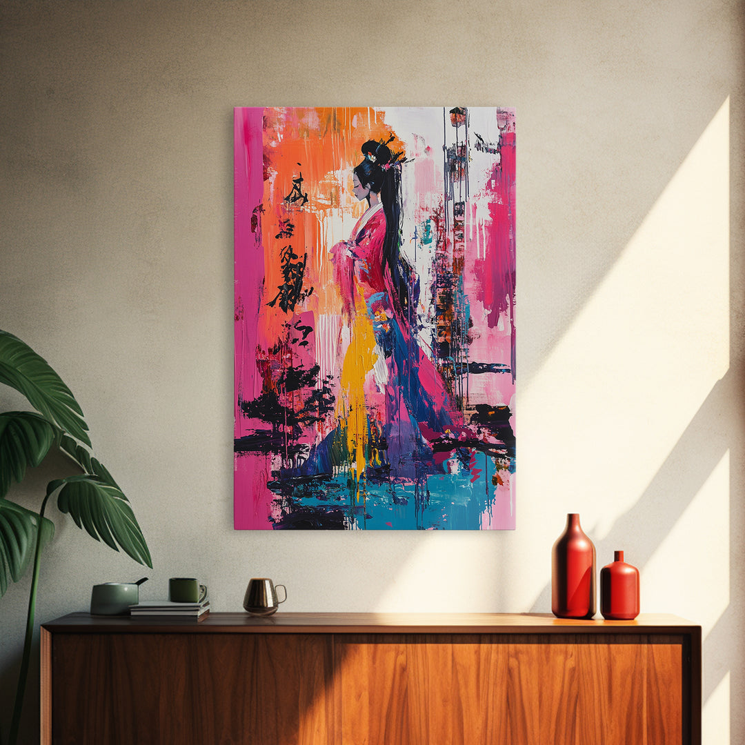 Abstract Geisha, Colorful Woman Art, Japanese Painting, Wabi Sabi Art, Boho Art, Pink Wall Art, Framed Canvas Print, Gift Idea